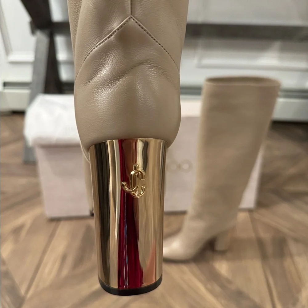Jimmy Choo Rydea Cream Heeled Boots with Gold Accents - Picture 3 of 10